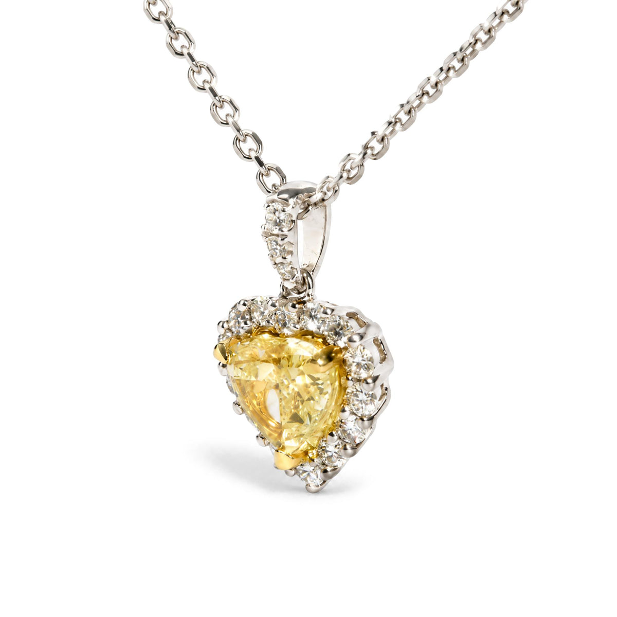18K White Gold 7/8 Cttw Heart-Cut Yellow Diamond Halo Pendant Necklace