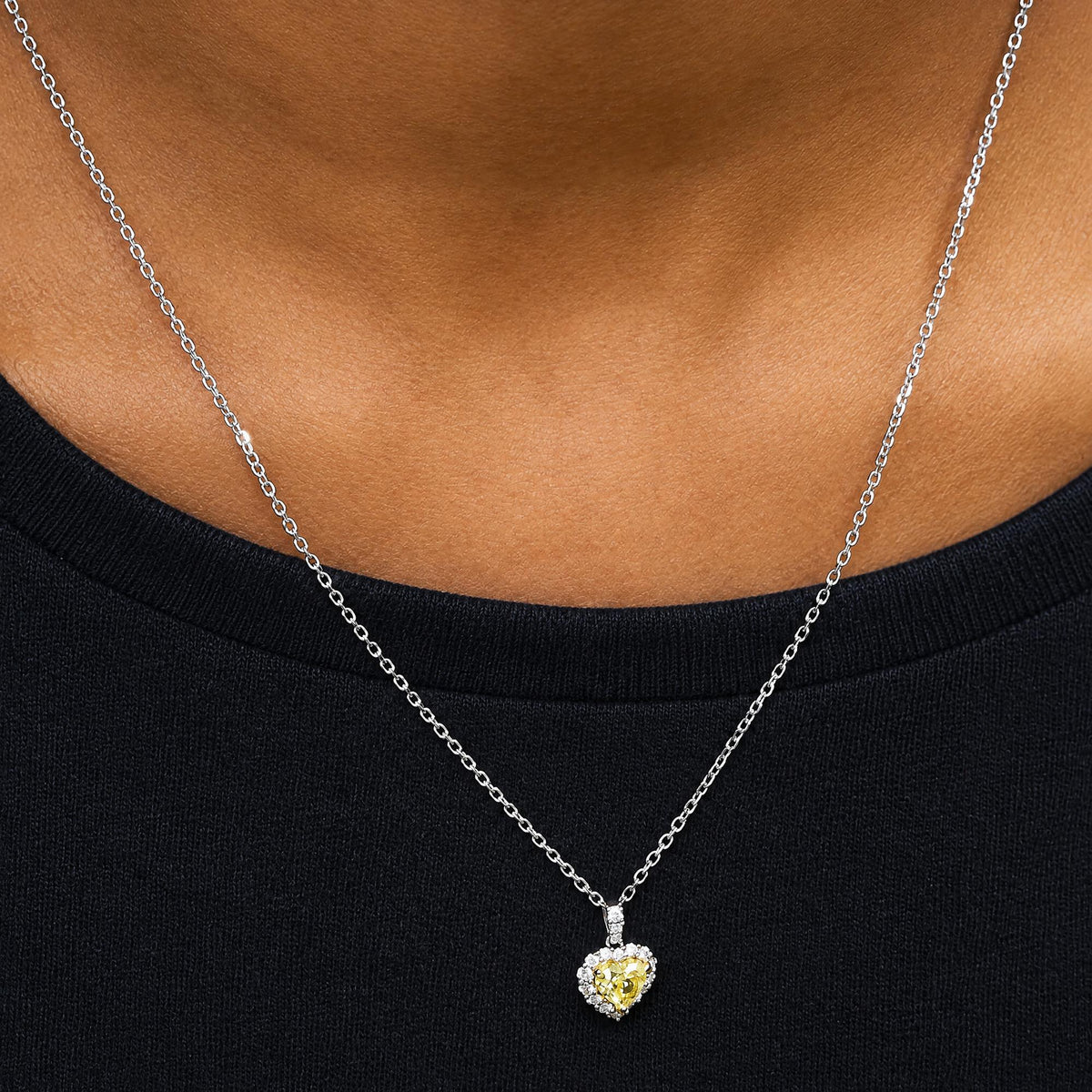 18K White Gold 7/8 Cttw Heart-Cut Yellow Diamond Halo Pendant Necklace