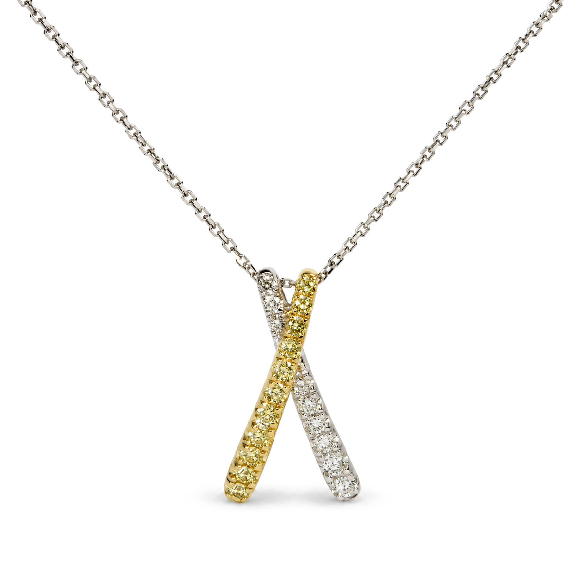 18K White and Yellow Gold 1/2 Cttw Natural Yellow and White Diamond Crossover Pendant Necklace
