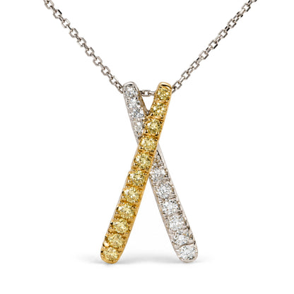 18K White and Yellow Gold 1/2 Cttw Natural Yellow and White Diamond Crossover Pendant Necklace