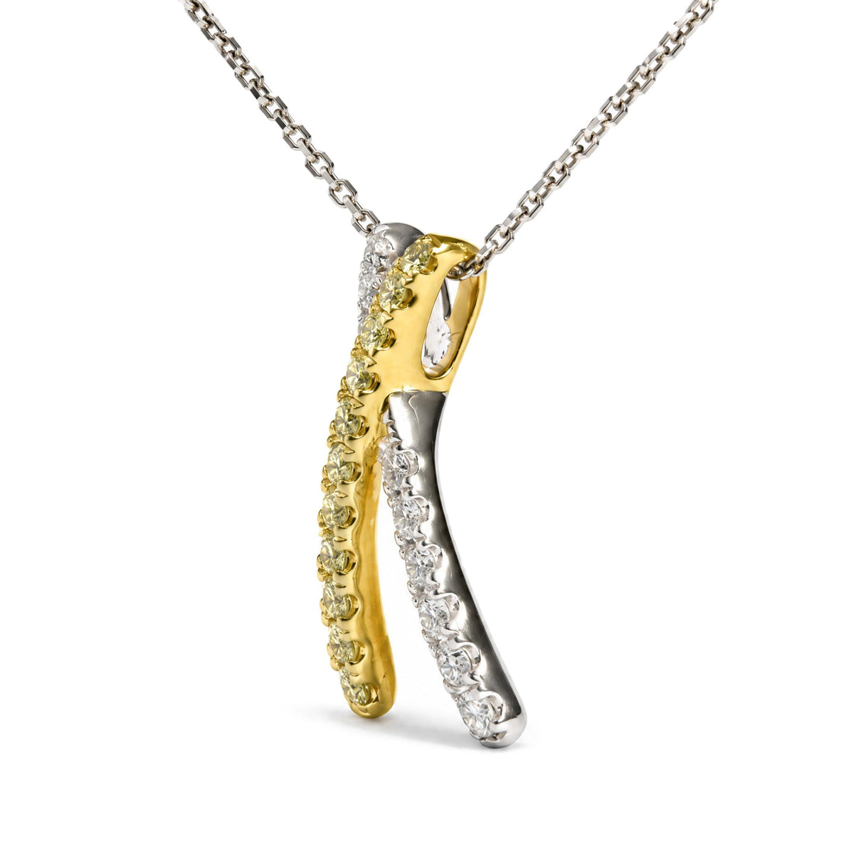 18K White and Yellow Gold 1/2 Cttw Natural Yellow and White Diamond Crossover Pendant Necklace
