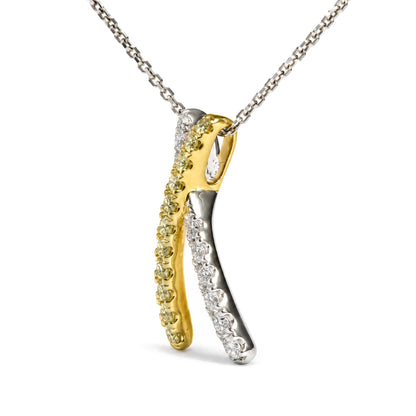 18K White and Yellow Gold 1/2 Cttw Natural Yellow and White Diamond Crossover Pendant Necklace