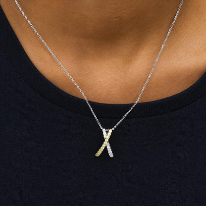 18K White and Yellow Gold 1/2 Cttw Natural Yellow and White Diamond Crossover Pendant Necklace