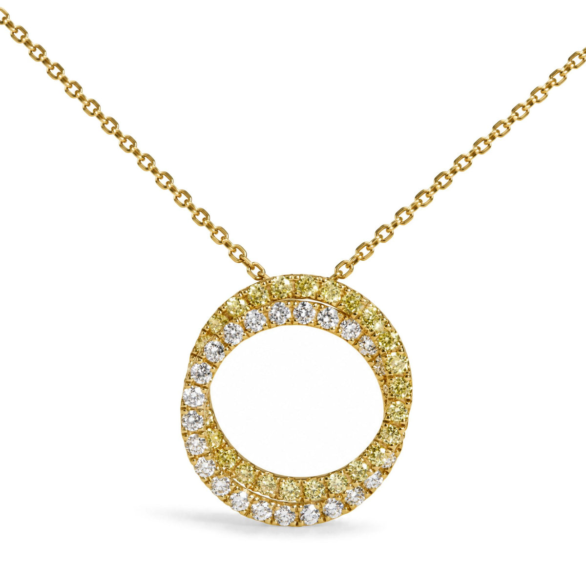 18K Yellow Gold 1 1/5 Cttw Natural Yellow and White Diamond Double Circle Pendant Necklace