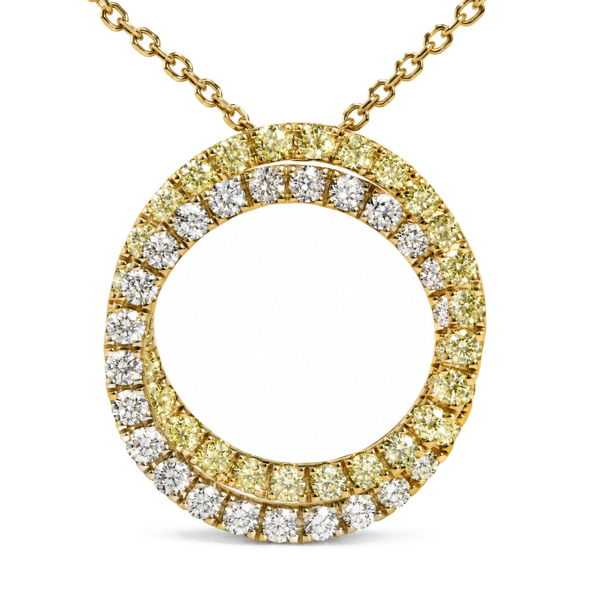 18K Yellow Gold 1 1/5 Cttw Natural Yellow and White Diamond Double Circle Pendant Necklace