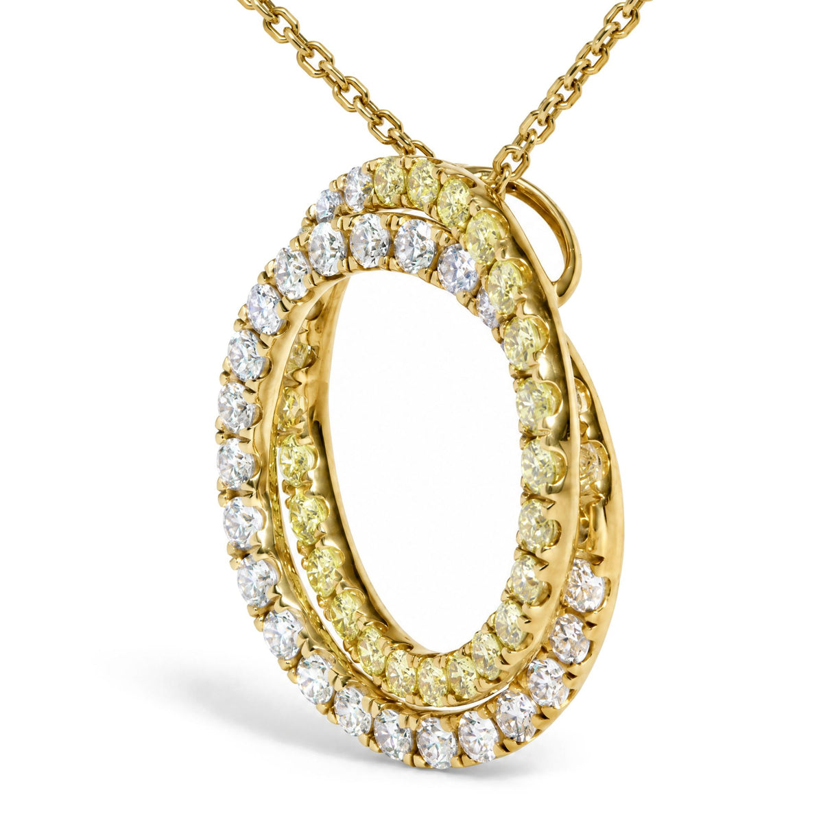 18K Yellow Gold 1 1/5 Cttw Natural Yellow and White Diamond Double Circle Pendant Necklace