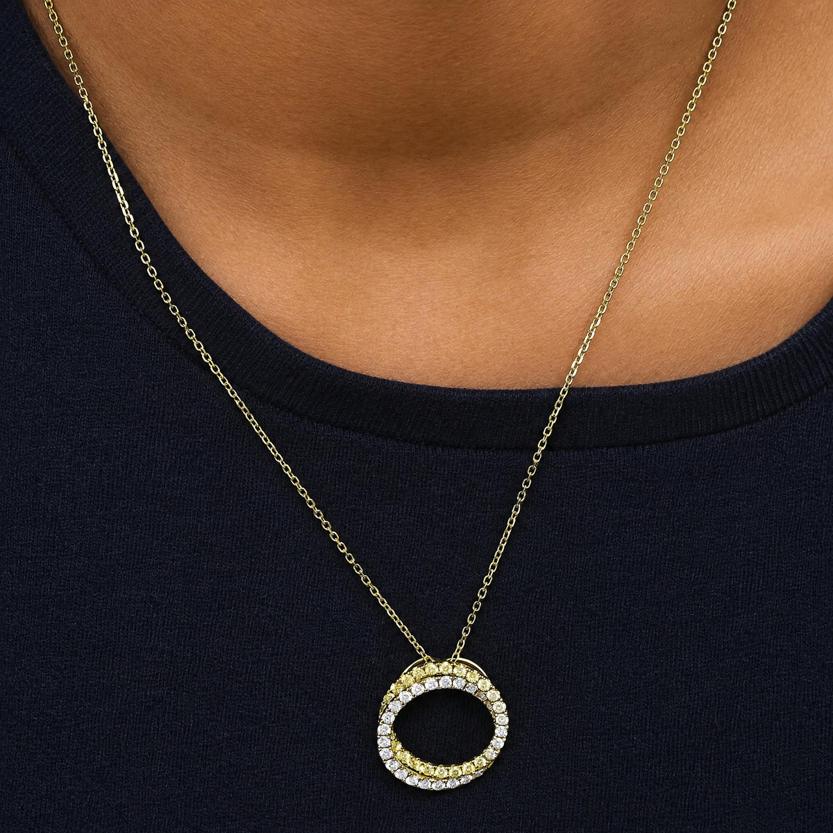 18K Yellow Gold 1 1/5 Cttw Natural Yellow and White Diamond Double Circle Pendant Necklace
