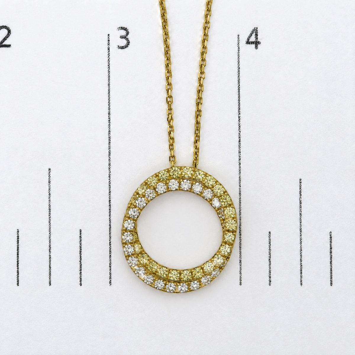 18K Yellow Gold 1 1/5 Cttw Natural Yellow and White Diamond Double Circle Pendant Necklace