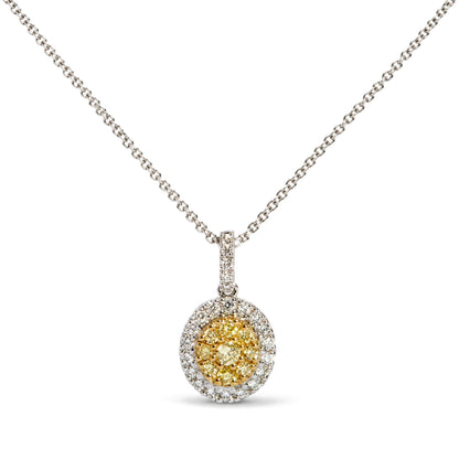 14K Two-Tone Gold 1/3 Cttw Natural Yellow Diamond Cluster Halo Pendant Necklace