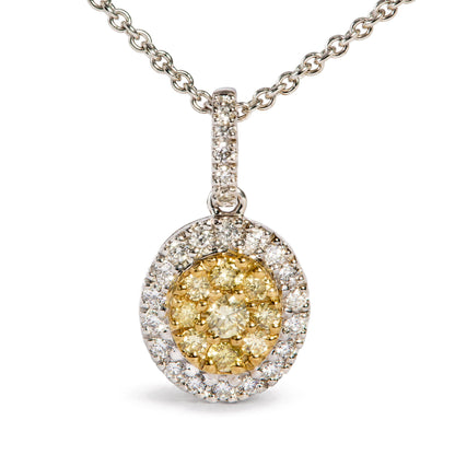 14K Two-Tone Gold 1/3 Cttw Natural Yellow Diamond Cluster Halo Pendant Necklace