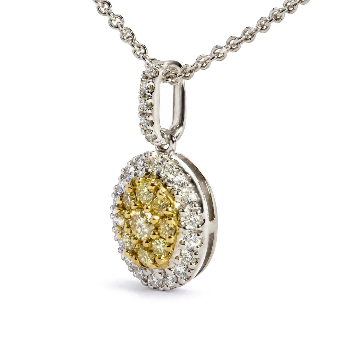 14K Two-Tone Gold 1/3 Cttw Natural Yellow Diamond Cluster Halo Pendant Necklace
