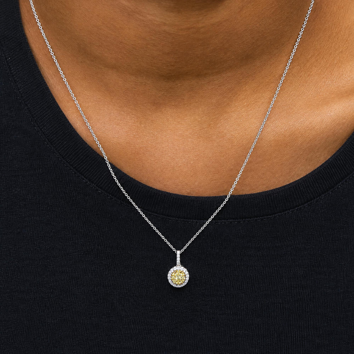 14K Two-Tone Gold 1/3 Cttw Natural Yellow Diamond Cluster Halo Pendant Necklace
