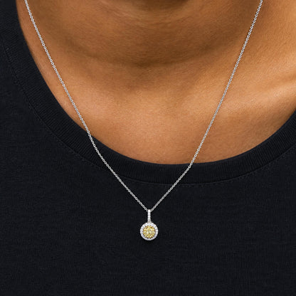 14K Two-Tone Gold 1/3 Cttw Natural Yellow Diamond Cluster Halo Pendant Necklace