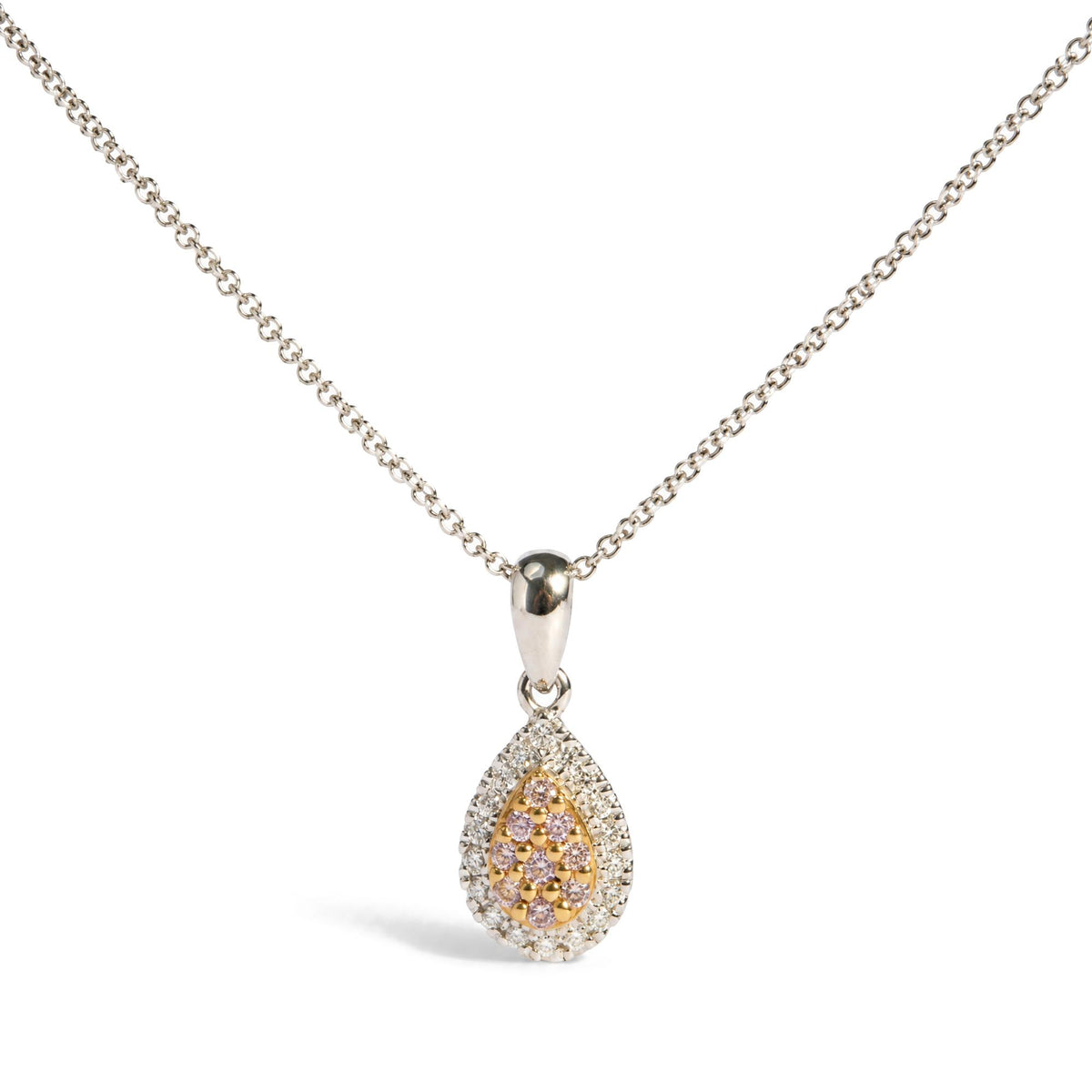 18K Two-Tone Gold 1/5 Cttw Natural Pink Diamond Teardrop Halo Pendant Necklace