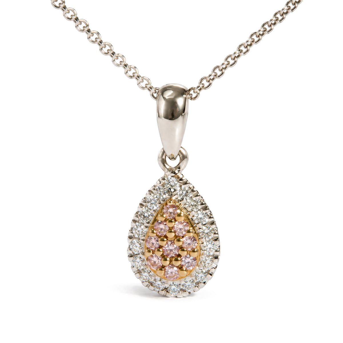18K Two-Tone Gold 1/5 Cttw Natural Pink Diamond Teardrop Halo Pendant Necklace