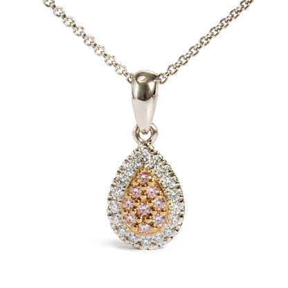 18K Two-Tone Gold 1/5 Cttw Natural Pink Diamond Teardrop Halo Pendant Necklace