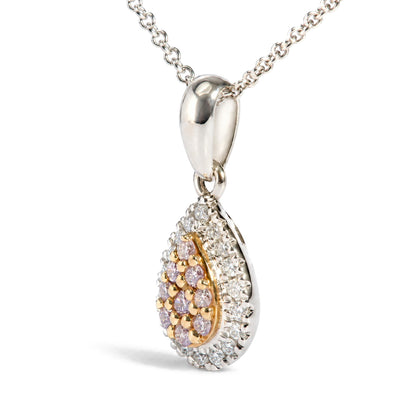 18K Two-Tone Gold 1/5 Cttw Natural Pink Diamond Teardrop Halo Pendant Necklace