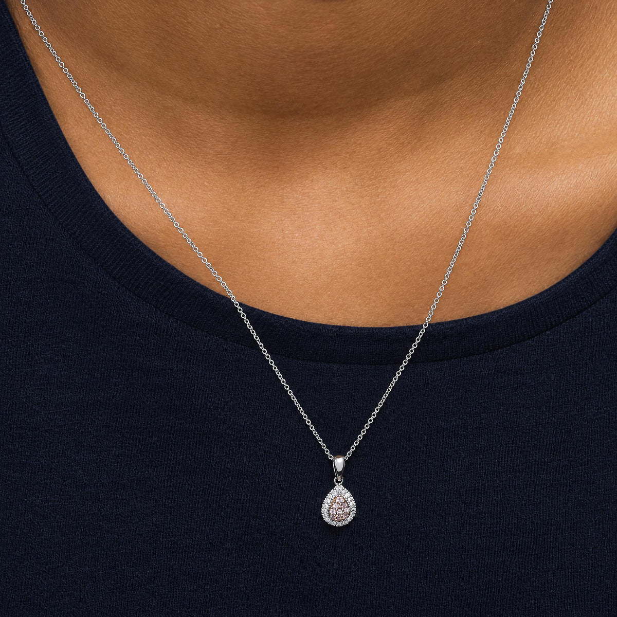 18K Two-Tone Gold 1/5 Cttw Natural Pink Diamond Teardrop Halo Pendant Necklace