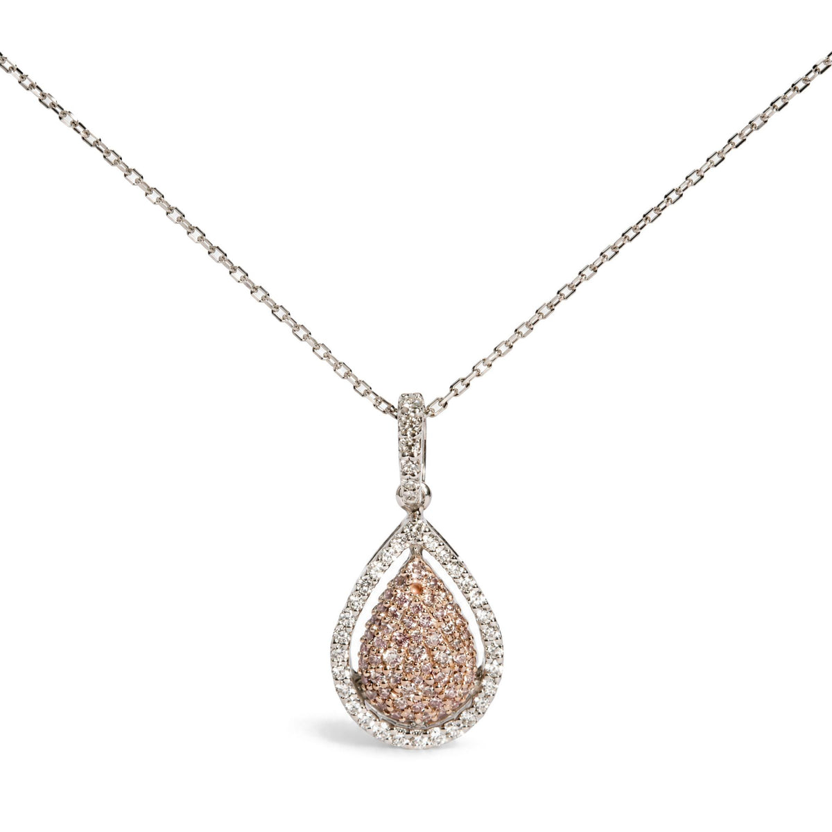18K White and Rose Gold 3/8 Cttw Natural Pink and White Diamond Teardrop Halo Pendant Necklace