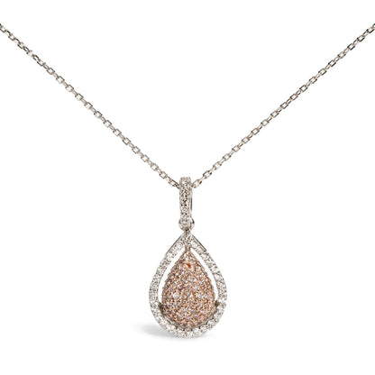 18K White and Rose Gold 3/8 Cttw Natural Pink and White Diamond Teardrop Halo Pendant Necklace