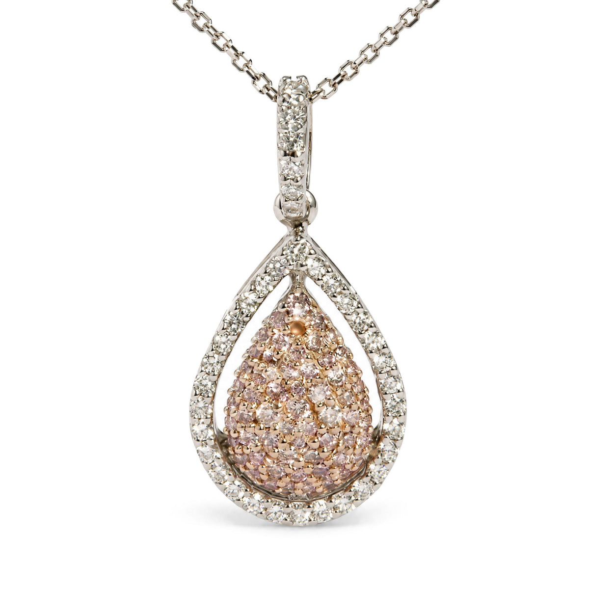 18K White and Rose Gold 3/8 Cttw Natural Pink and White Diamond Teardrop Halo Pendant Necklace