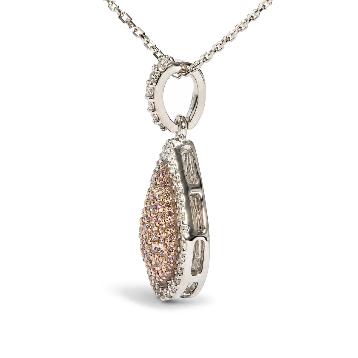 18K White and Rose Gold 3/8 Cttw Natural Pink and White Diamond Teardrop Halo Pendant Necklace