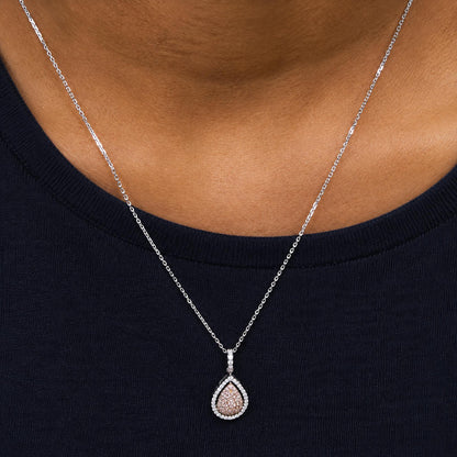 18K White and Rose Gold 3/8 Cttw Natural Pink and White Diamond Teardrop Halo Pendant Necklace