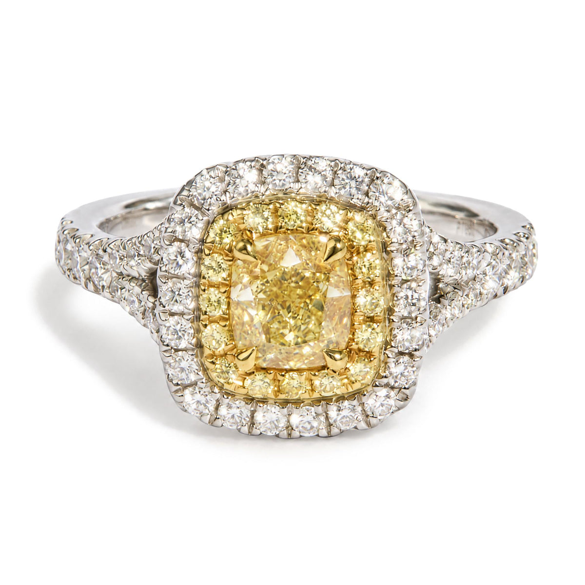 Platinum GIA Certified 1 1/2 Cttw Cushion Yellow Diamond Halo and Split Shank Engagement Ring
