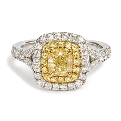 Platinum GIA Certified 1 1/2 Cttw Cushion Yellow Diamond Halo and Split Shank Engagement Ring