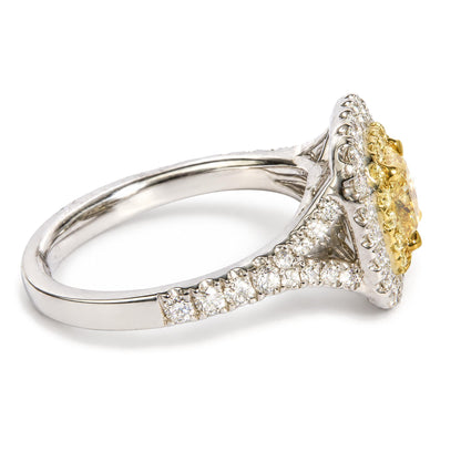 Platinum GIA Certified 1 1/2 Cttw Cushion Yellow Diamond Halo and Split Shank Engagement Ring