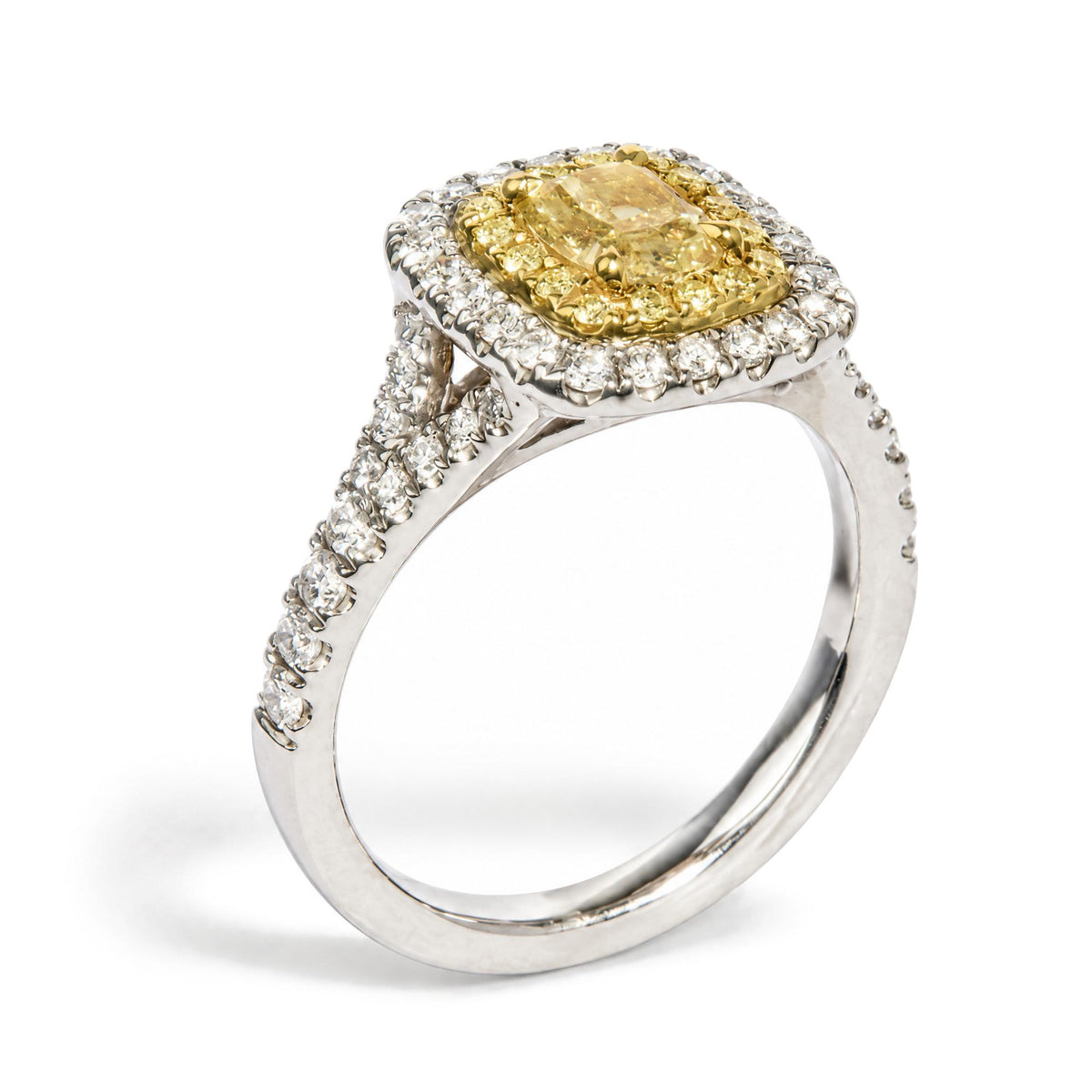 Platinum GIA Certified 1 1/2 Cttw Cushion Yellow Diamond Halo and Split Shank Engagement Ring