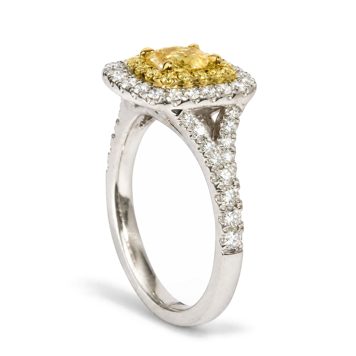 Platinum GIA Certified 1 1/2 Cttw Cushion Yellow Diamond Halo and Split Shank Engagement Ring