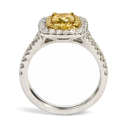 Platinum GIA Certified 1 1/2 Cttw Cushion Yellow Diamond Halo and Split Shank Engagement Ring