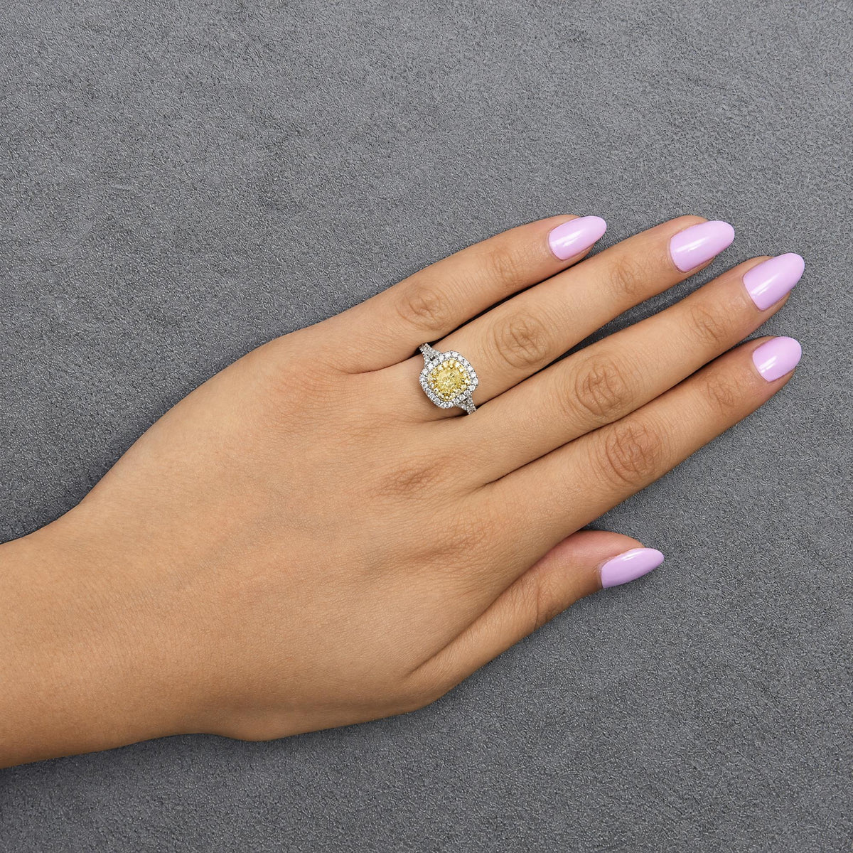 Platinum GIA Certified 1 1/2 Cttw Cushion Yellow Diamond Halo and Split Shank Engagement Ring