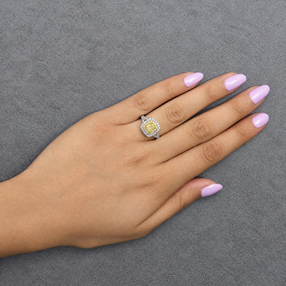 Platinum GIA Certified 1 1/2 Cttw Cushion Yellow Diamond Halo and Split Shank Engagement Ring