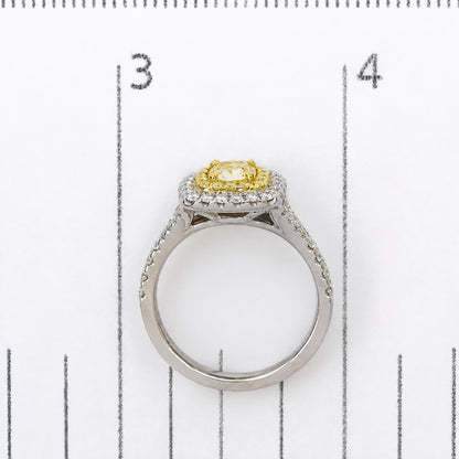 Platinum GIA Certified 1 1/2 Cttw Cushion Yellow Diamond Halo and Split Shank Engagement Ring