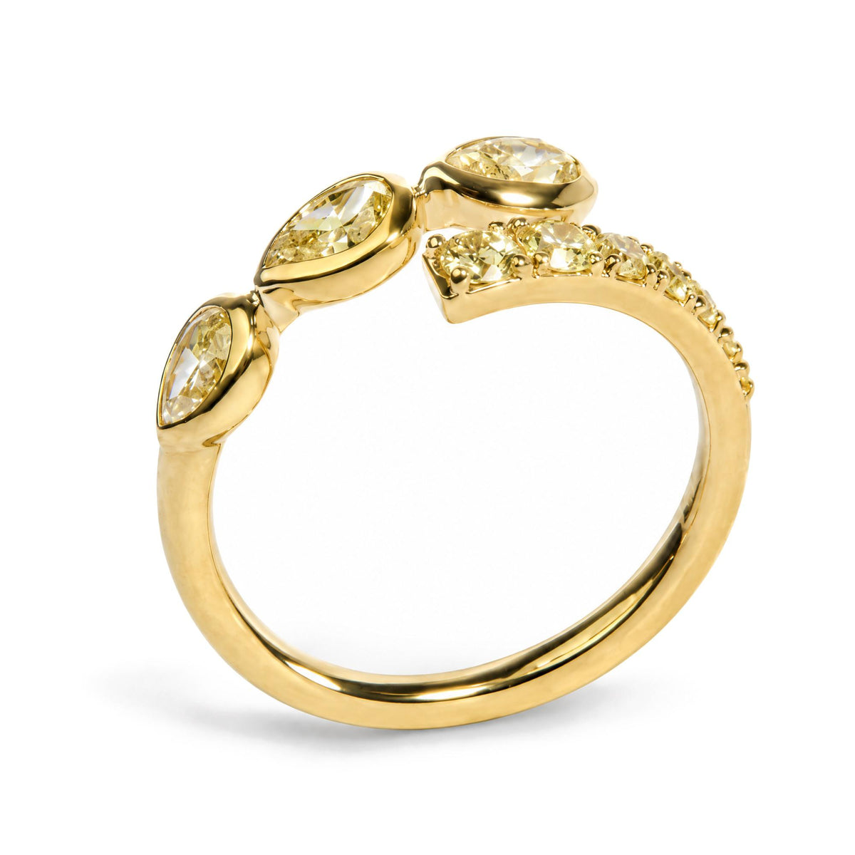 18K Yellow Gold 1.0 Cttw Pear and Round Yellow Diamond Open Bypass Ring