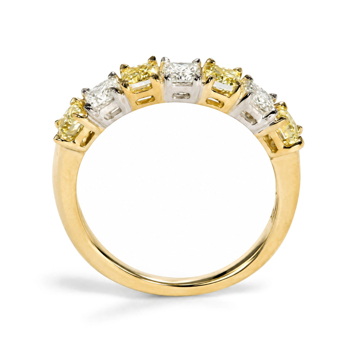 Close-up front angle of a ring with alternating yellow and white cushion-shaped gemstones in prong settings, featuring a yellow-colored band.