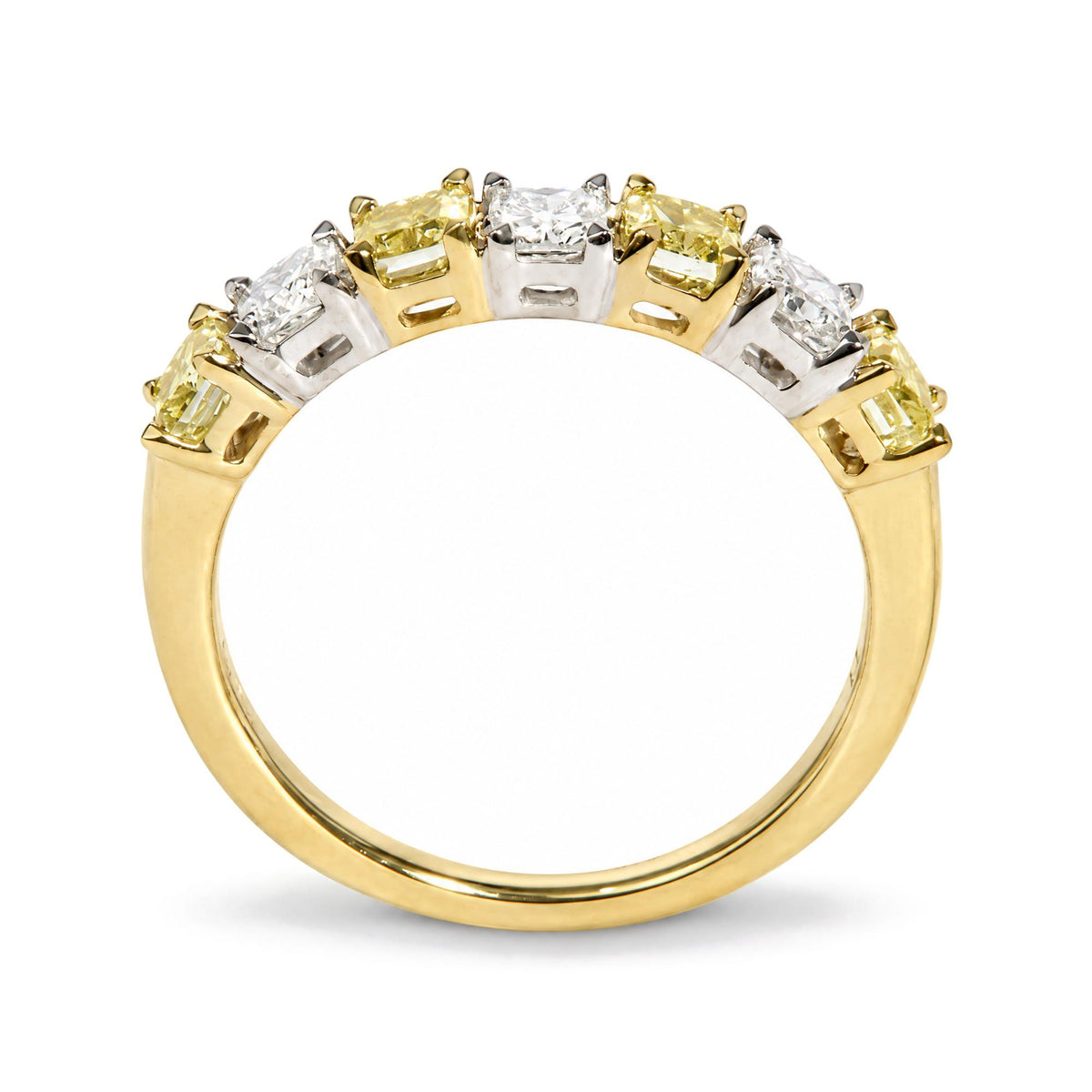 Close-up front angle of a yellow and white metal ring featuring alternating cushion-shaped yellow and white gemstones in prong settings along the top band.
