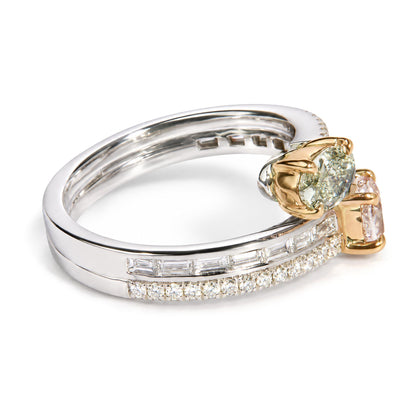 Close-up of a white and rose metal ring with a cushion-shaped light green gemstone set with rose metal prongs, flanked by a pink oval-shaped gemstone on one side and two bands featuring channel-set baguette and prong-set round white gemstones, shown from a diagonal angle.