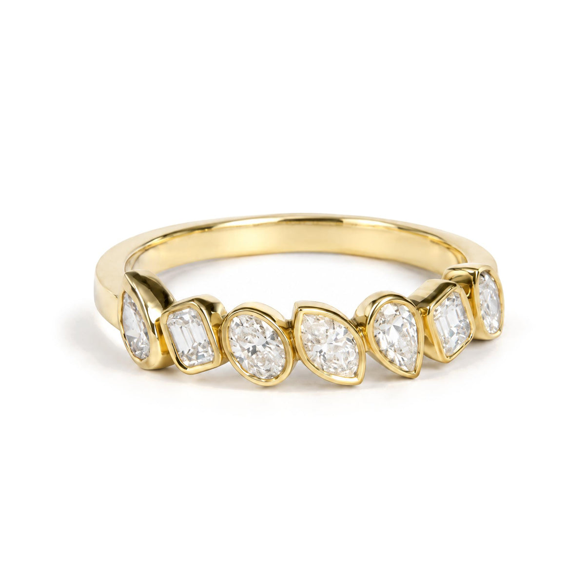 18K Yellow Gold 3/4 Cttw Pear, Emerald, Marquise and Oval Diamond Bezel-Set Band Ring