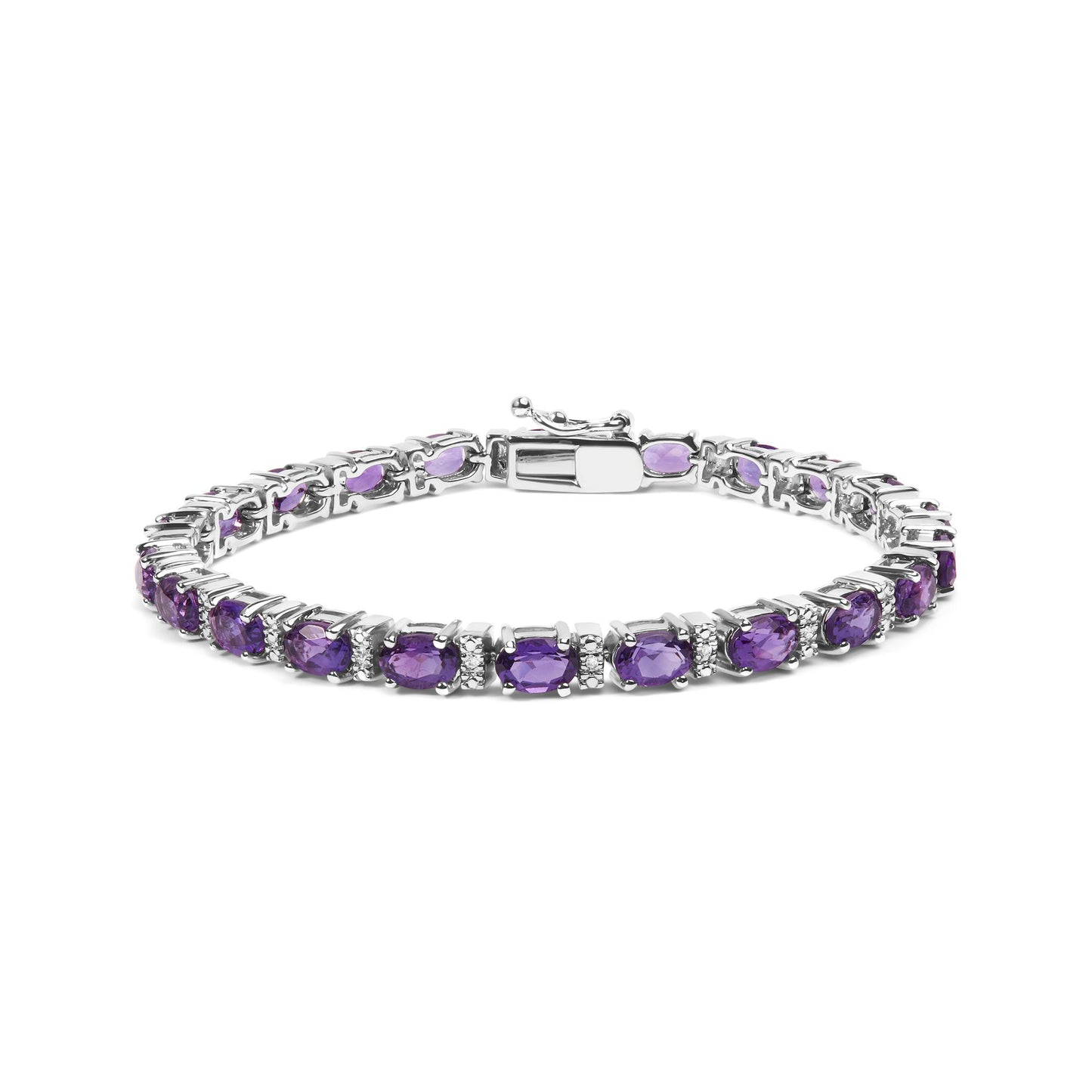 White metal bracelet with oval purple gemstones and round white gemstones in shared prong setting, displayed in a front angled view.