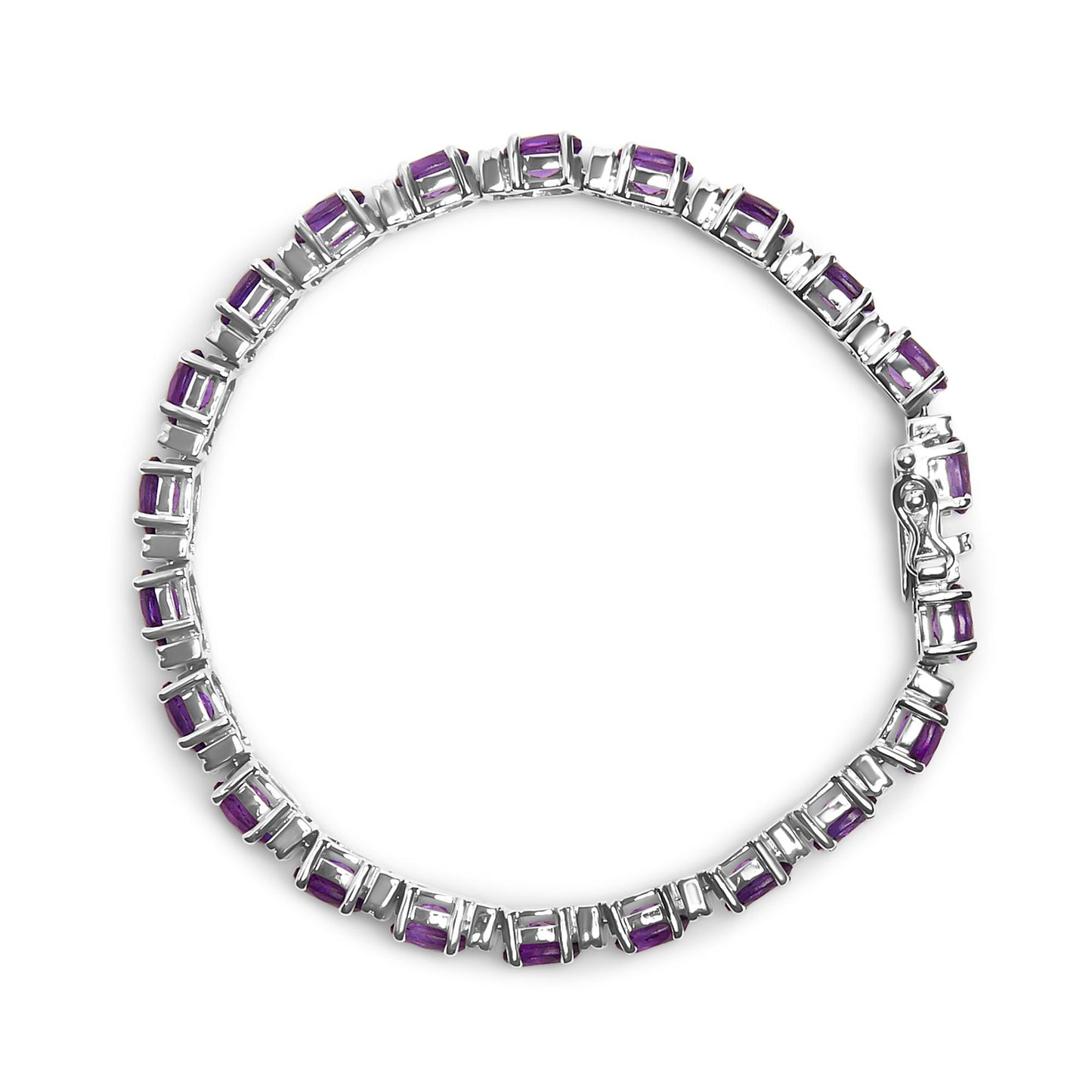 Top-down view of a white metal bracelet featuring oval purple gemstones in four-prong settings alternating with round white gemstones in shared prong settings.
