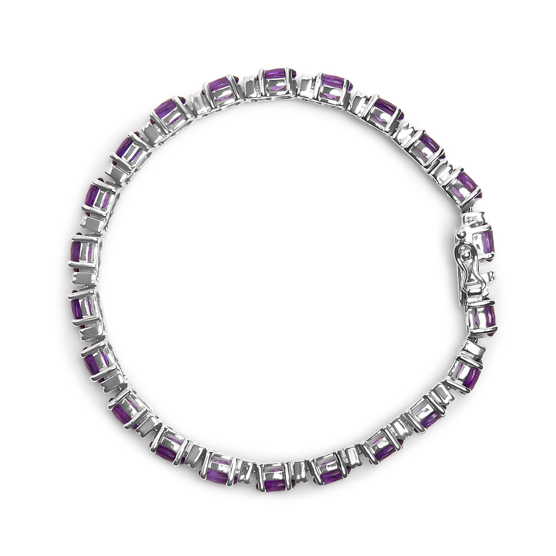 Top-down view of a white metal bracelet featuring oval purple gemstones in four-prong settings alternating with round white gemstones in shared prong settings.