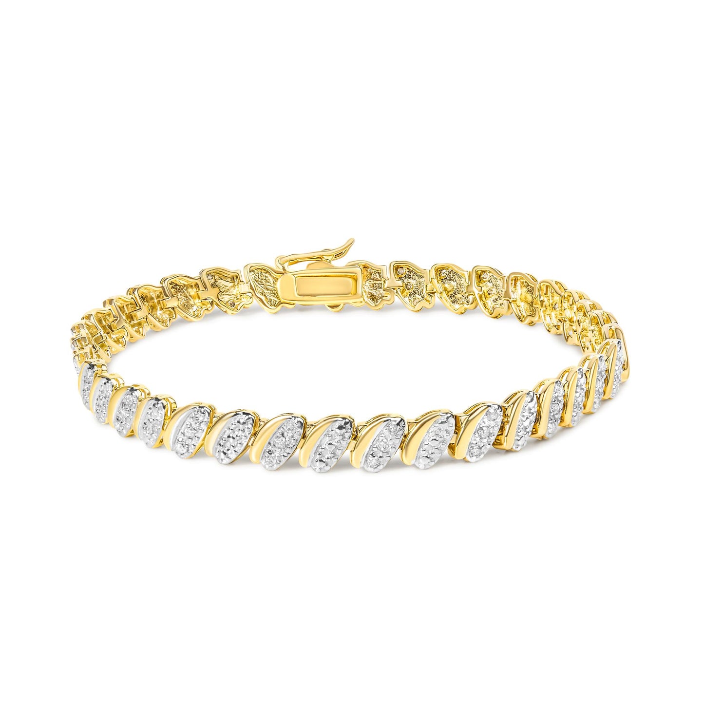 Yellow metal bracelet with diagonal links set with white round pave gemstones, shown from a front angle.