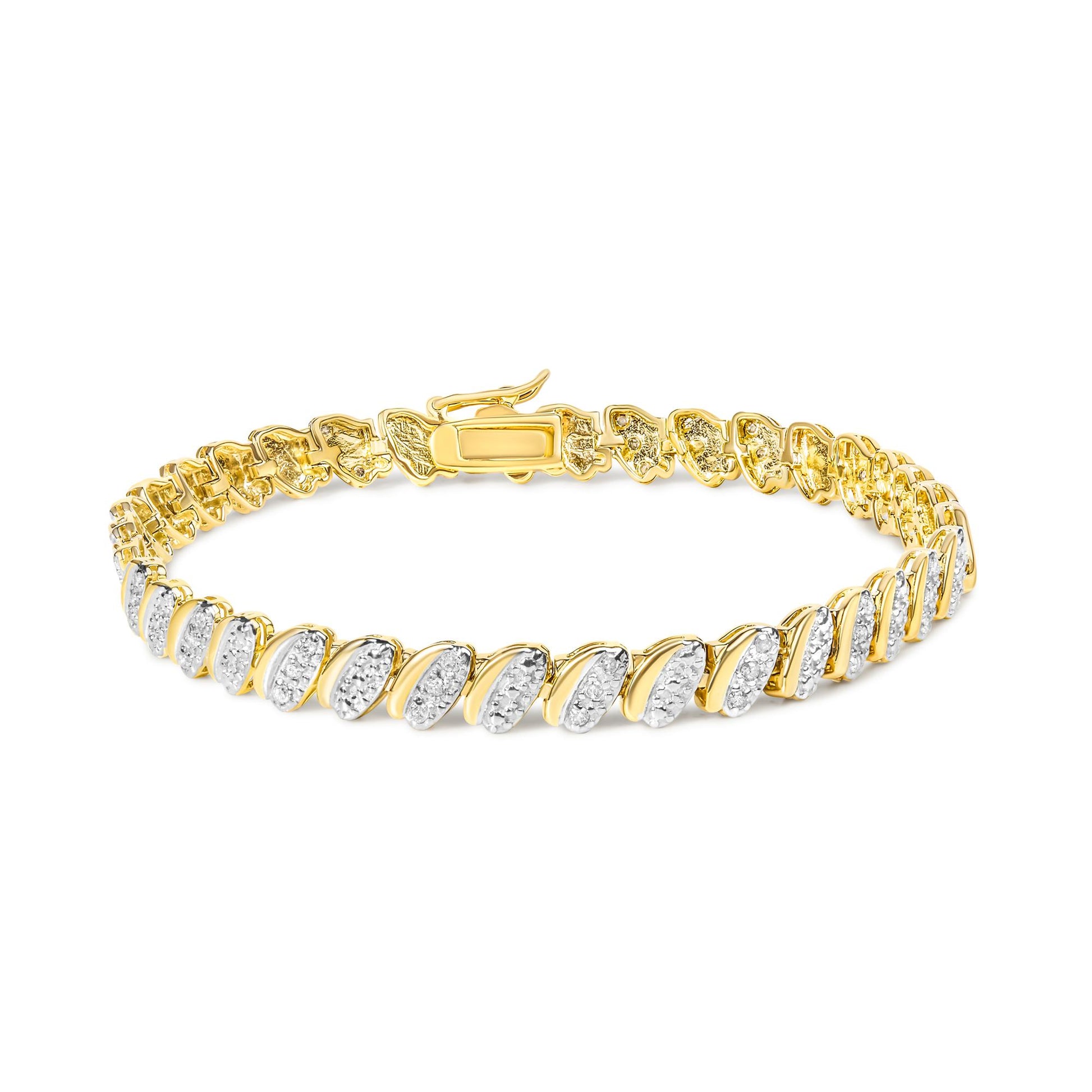 Yellow metal bracelet with diagonal links set with white round pave gemstones, shown from a front angle.