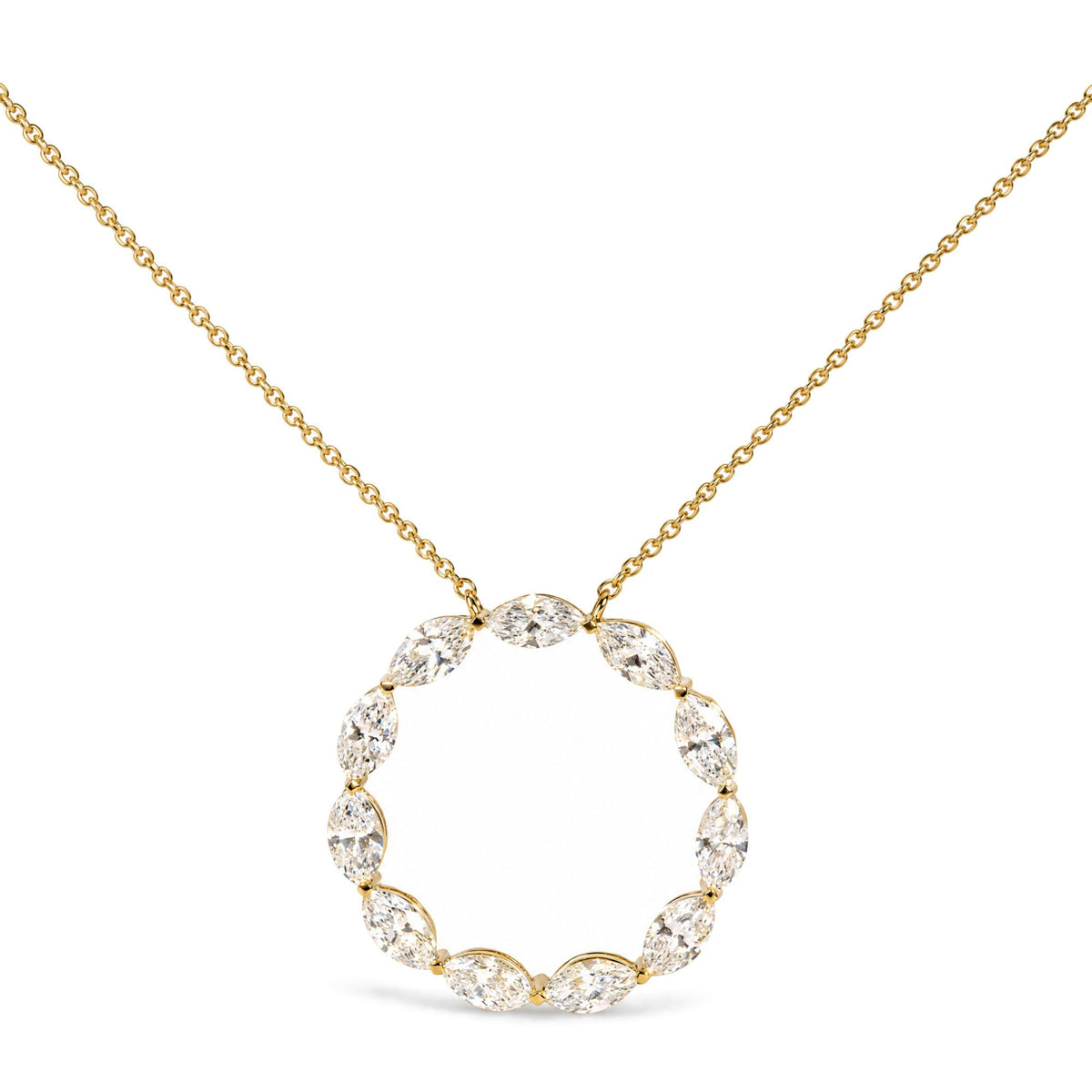 Close-up front angle of a yellow necklace with an oval pendant formed by a continuous loop of marquise-shaped white gemstones in a shared prong setting.