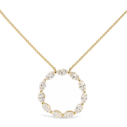 Close-up front angle of a yellow necklace with an oval pendant formed by a continuous loop of marquise-shaped white gemstones in a shared prong setting.