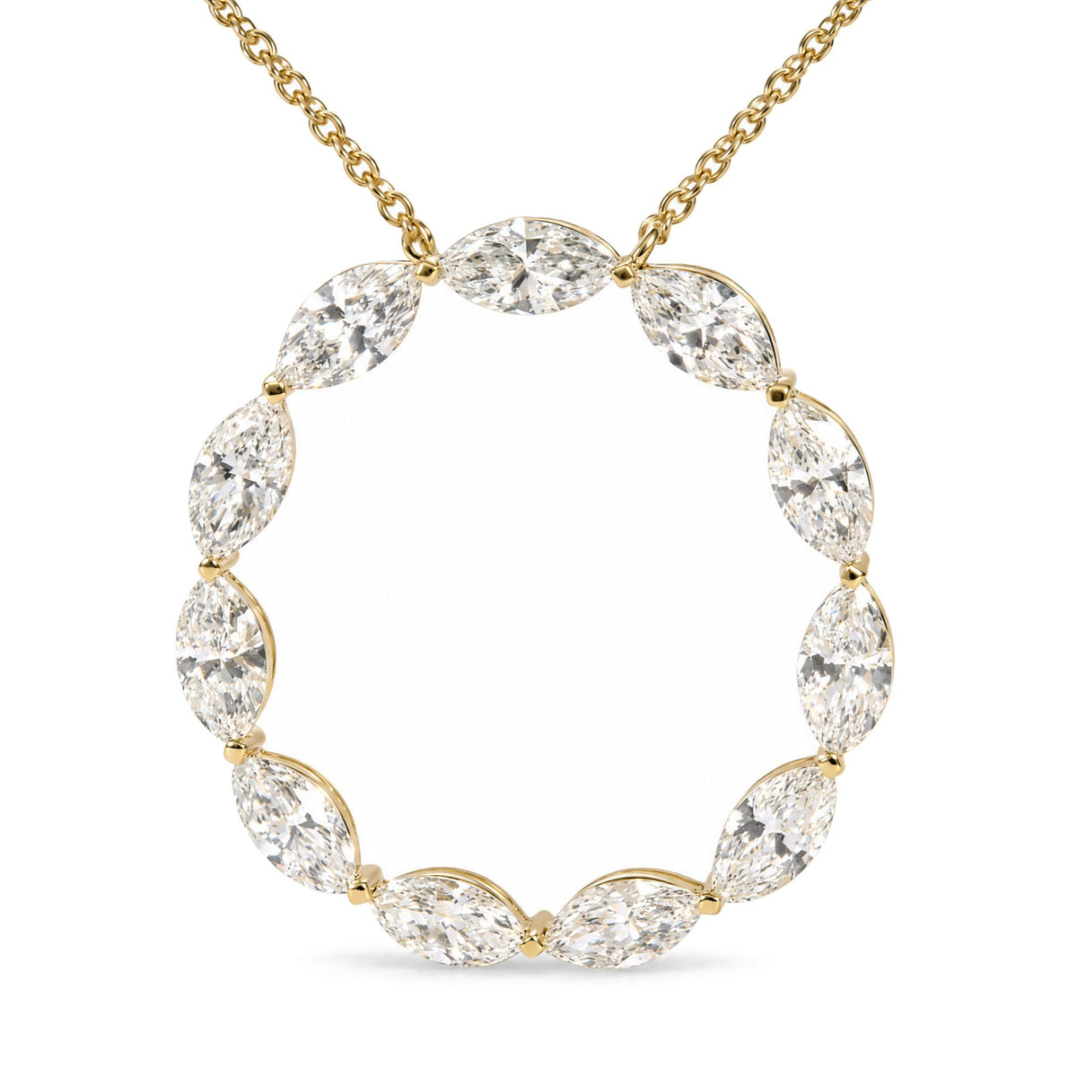 Close-up front view of a yellow metal necklace with a circular pendant made of marquise-shaped white gemstones in a shared prong setting.