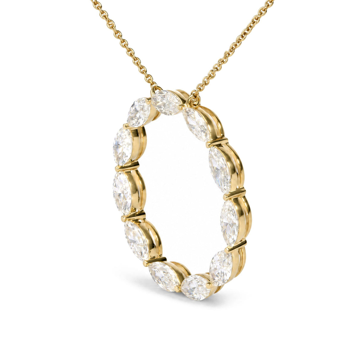 Close-up front angle of a yellow metal necklace with an oval pendant featuring white marquise-shaped gemstones in a shared prong setting.